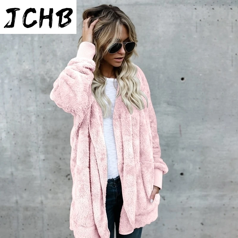

Women S-5XL Faux Fur Teddy Bear Plush Coat Jackets Fashion Open Stitch Winter Hooded Coat Female Long Sleeve Fuzzy Jacket Ladies