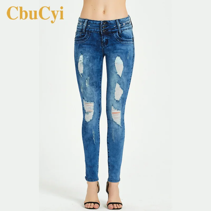Рваные джинсы для женщин летние синие отбеленные потертые Стрейчевые