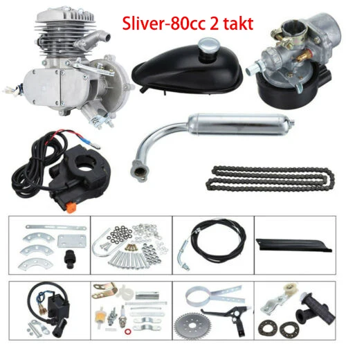 silver 80cc 2 велосипедный мотоцикл инсульт газовый двигатель комплект для DIY электрический велосипед горный велосипед полный комплект двигателя велосипедный комплект газового двигателя - Color: silver