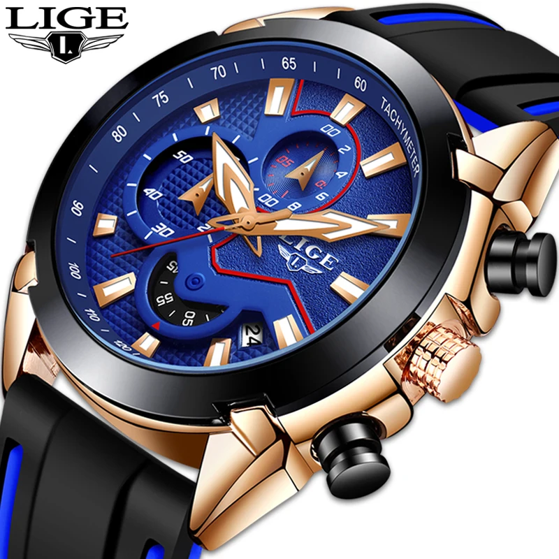 Часы наручные LIGE мужские с хронографом Спортивные кварцевые армейские в стиле
