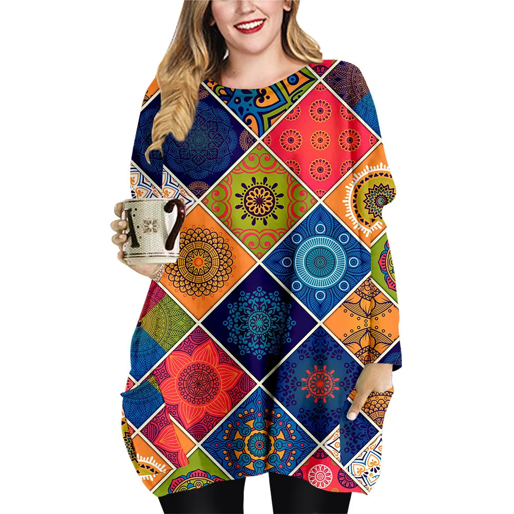 

Осеннее женское платье оверсайз, свободные мини-платья с принтом, повседневные платья с круглым вырезом и длинным рукавом, Пляжное женское ...