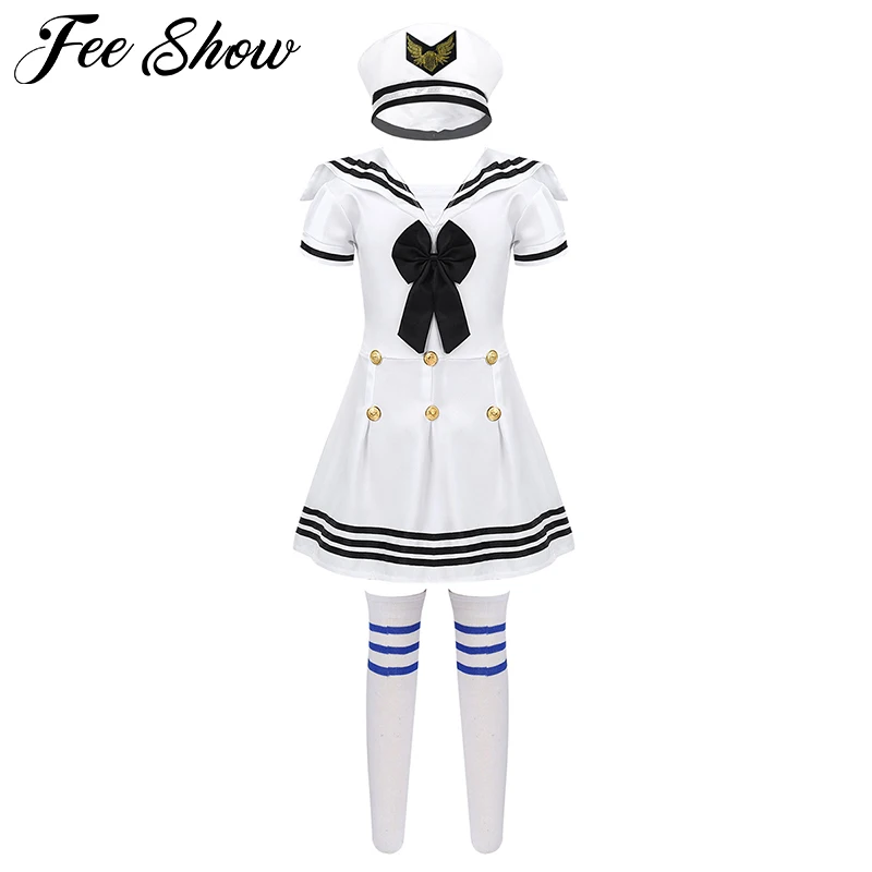 

Детская с коротким рукавом платье со шляпой носки для малышей; Комплект ролевая игра одежда в морском стиле; Школьная хорового пения или дети девочки хип-хоп представление танцевальный костюм