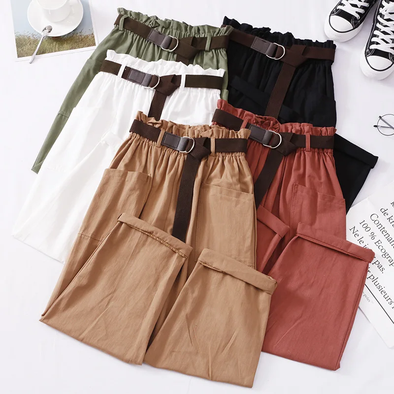 

Elastic High Waist Woman Pants Summer 2020 Overalls Straight Trouser Casual Loose Ankle-length Cargo Pants Women