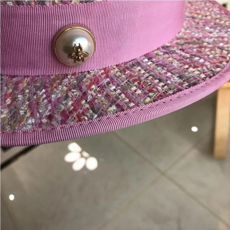 

Flat top hat pink ladies style pearl flat top jacquard hat pink tweed top hat female autumn and winter fashion trendy wild hat