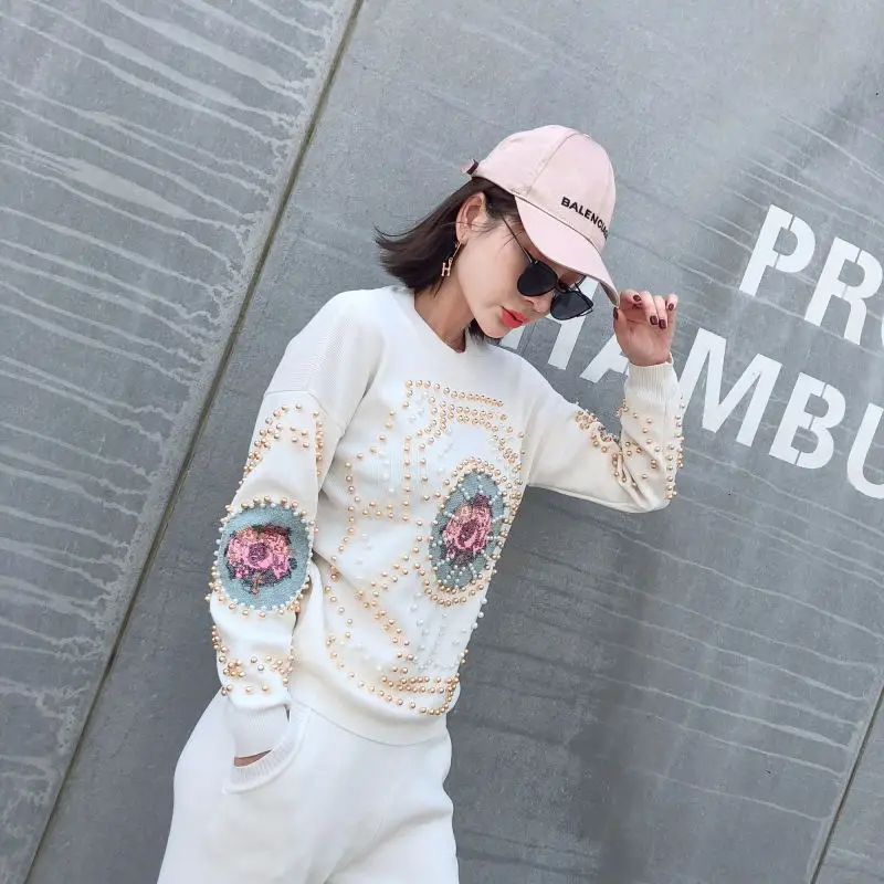 Женский костюм ручной работы с вышивкой бисером вязаные свитера и брюки