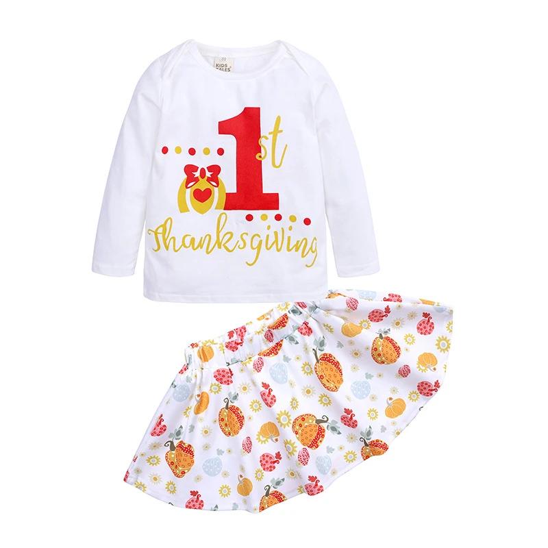 

1-4 years old girls Halloween new autumn cotton letters long-sleeved shirt + pumpkin print skirt two-piece suit