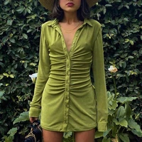 women ruched shirt dresses turn down collar long sleeve slim mini dress sexy party club solid green bodycon dresses vestidos