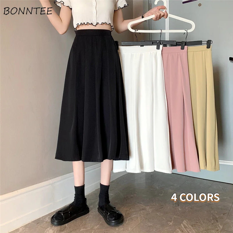 

Skirts Women Simple Solid High Waist Ulzzang Pleated Long Faldas Preppy Style Summer Holiday All-match Loose Fashion Office Lady