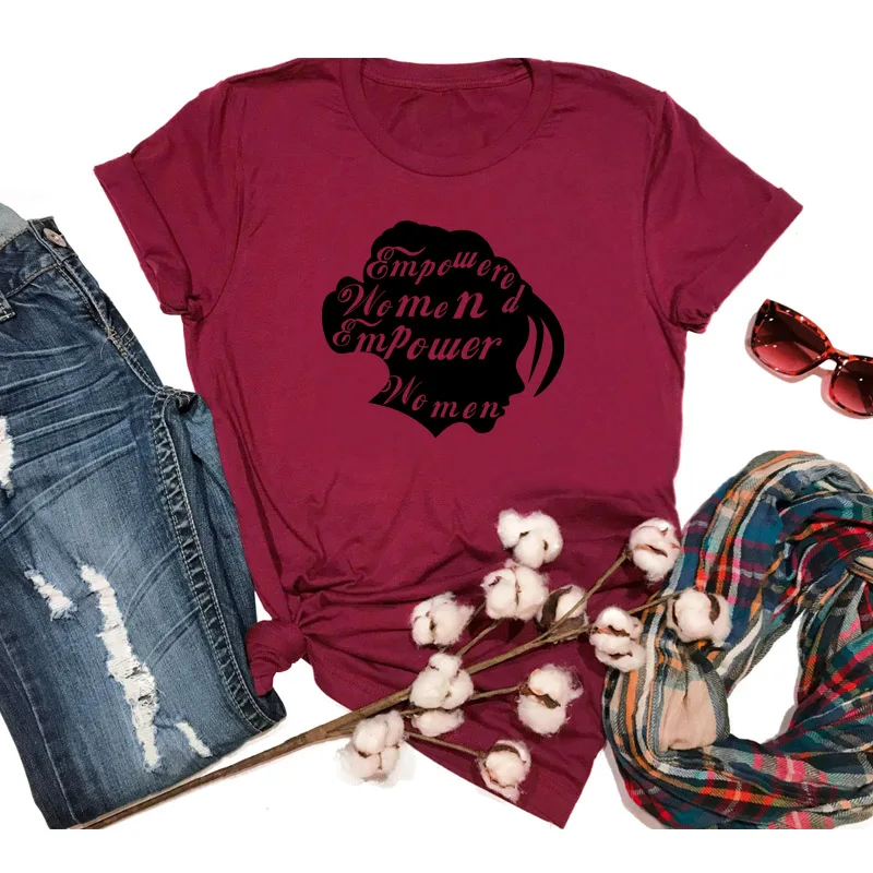 burgundy--black text Женская графическая футболка Hipster мощная феминистка Женская винтажная рубашка гранж Хлопковая женская футболка гранж Цитата Топ - Цвет: burgundy--black text