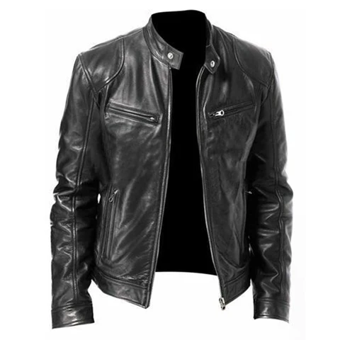 Мужская куртка из искусственной кожи, с воротником-стойкой, однотонная, для мотоциклистов, на осень, 2020