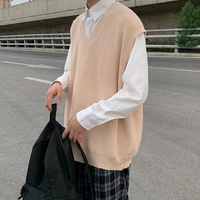 korean style knitted vest mens fashion solid color casual v neck sweater vest men streetwear loose vest knitting sweaters mens