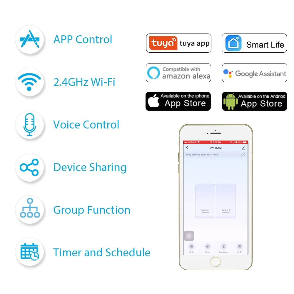 

Zigbee Smart Life WiFi Push Button Light Switch 1/2/3gang Single Living Line Tuya Remote Control Voice Control Work With Alexa