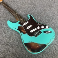 in stock green antique relic electric guitar red tortoise shell guard board cow bone string pillow nitro paint free shippi