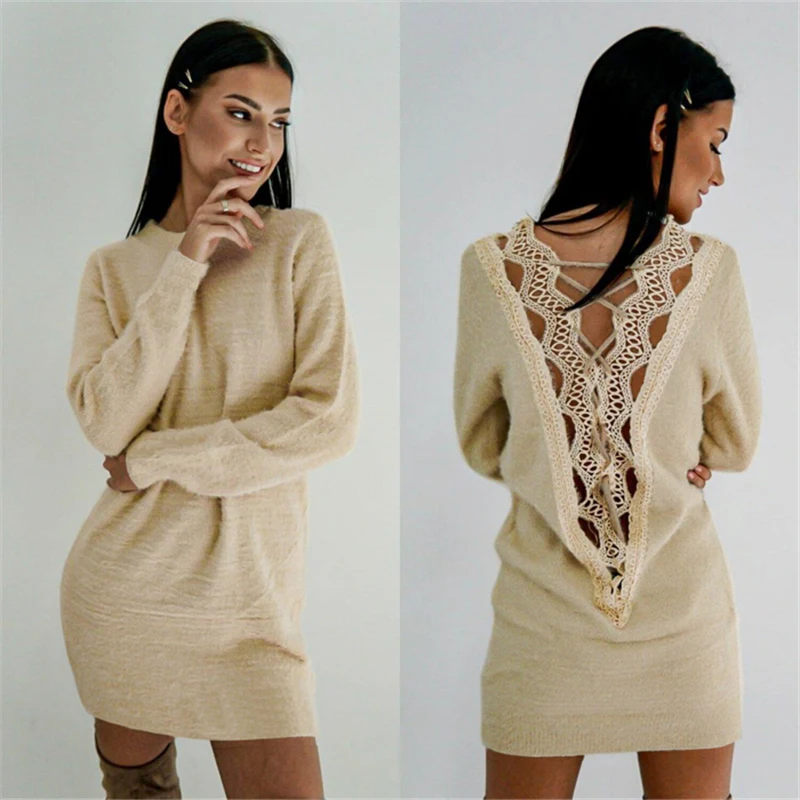 Сезон весна осень Теплый Женский вязаный свитер с длинным рукавом мини платье