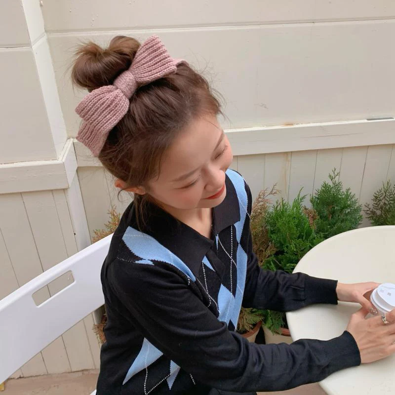 Korean Winter Wool Knitted Bow Hair Rope Solid Color Scrunchies Big Bowknot Ring Accessories Girls Bands |