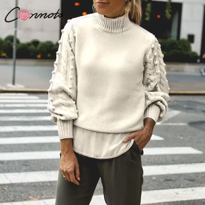 Conmoto Casual Knitted Sweater Women Solid White Autumn Winter 2019 Jumpers Vintage Lantern Sleeve Pompom Pull Femme | Женская одежда
