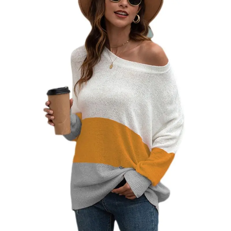 

Women Long Sleeve Color Block Striped Sweater Drop Shoulder Loose Jumper Tops