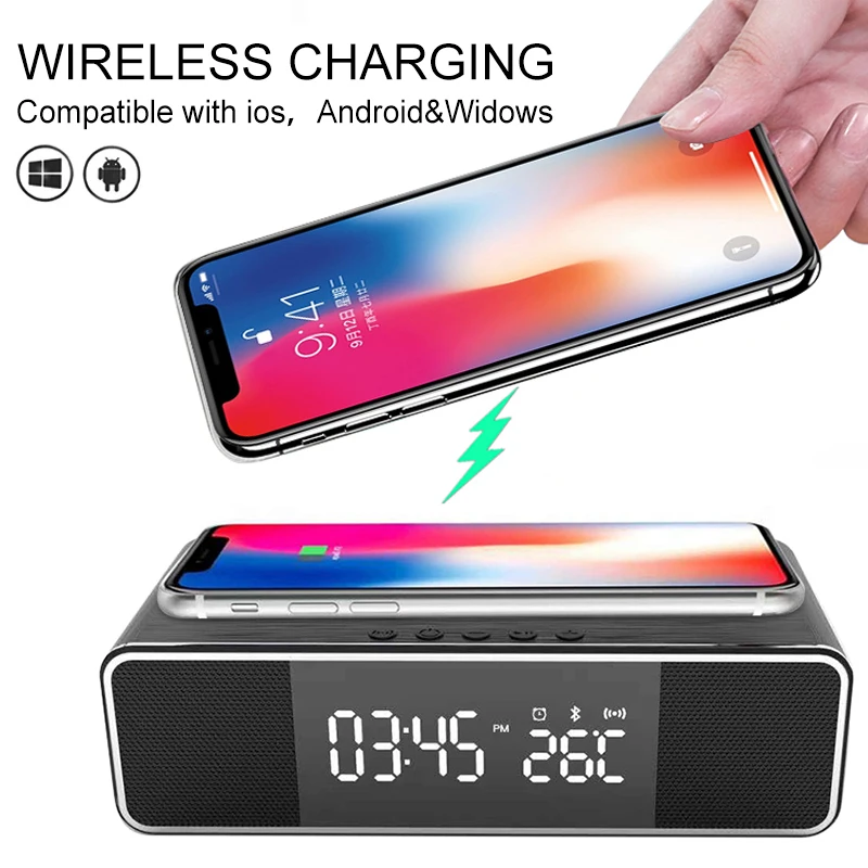 FM Radio Bluetooth Speaker Alarm Clock Temperature Time Display With Wireless Mobile Phone Charging LED Electronic Desktop Decor | Дом и сад