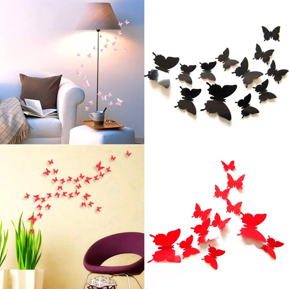 

12Pcs/lot Butterflies Wall Sticker Decals 3D Stickers for Bedroom New Year Home Decorations 3D Butterfly PVC Wallpaper Stickers