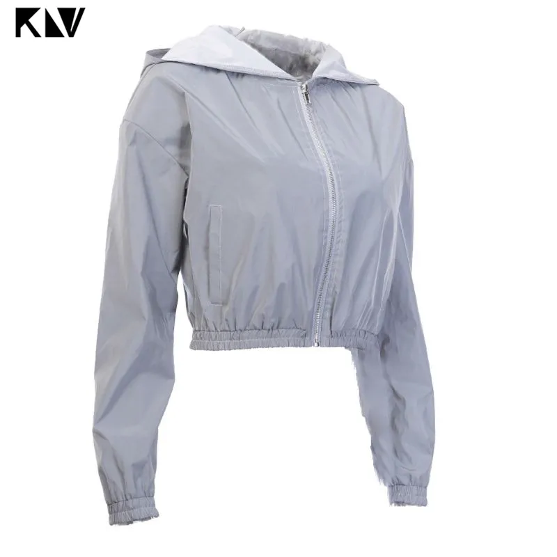 KLV осенние женские светоотражающие с длинным рукавом, с капюшоном, на молнии, Молодежные кроп топы для ночного бега, ветровка, короткое пальто, куртка