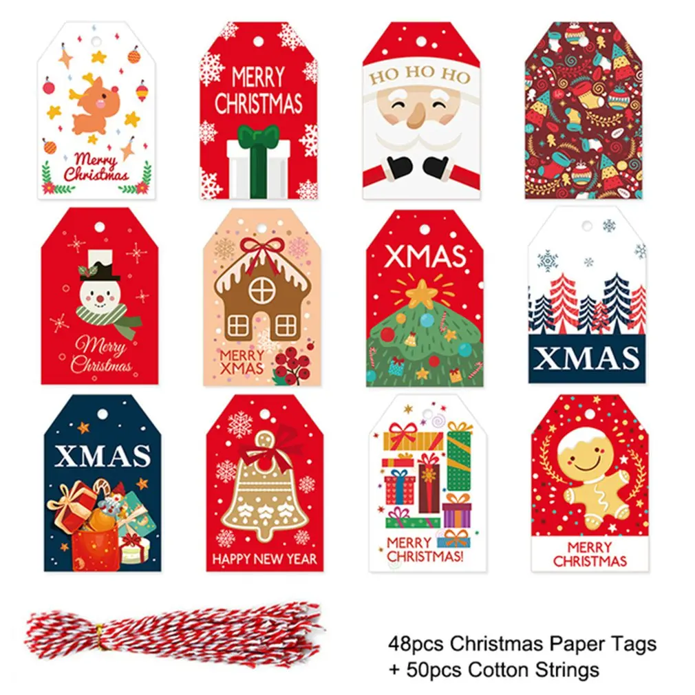 48Pcs Merry Christmas Kraft Paper Tags DIY Handmade Gift Wrapping Labels Greeting Santa Claus Hang Card New Year Ornaments - купить по