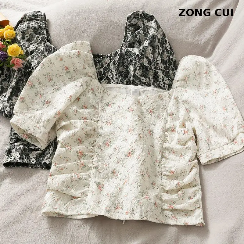 

2021 women's floral lace sweet short shirt Korean Fashion Square Collar Folds Harajuku top slim chic oversize top
