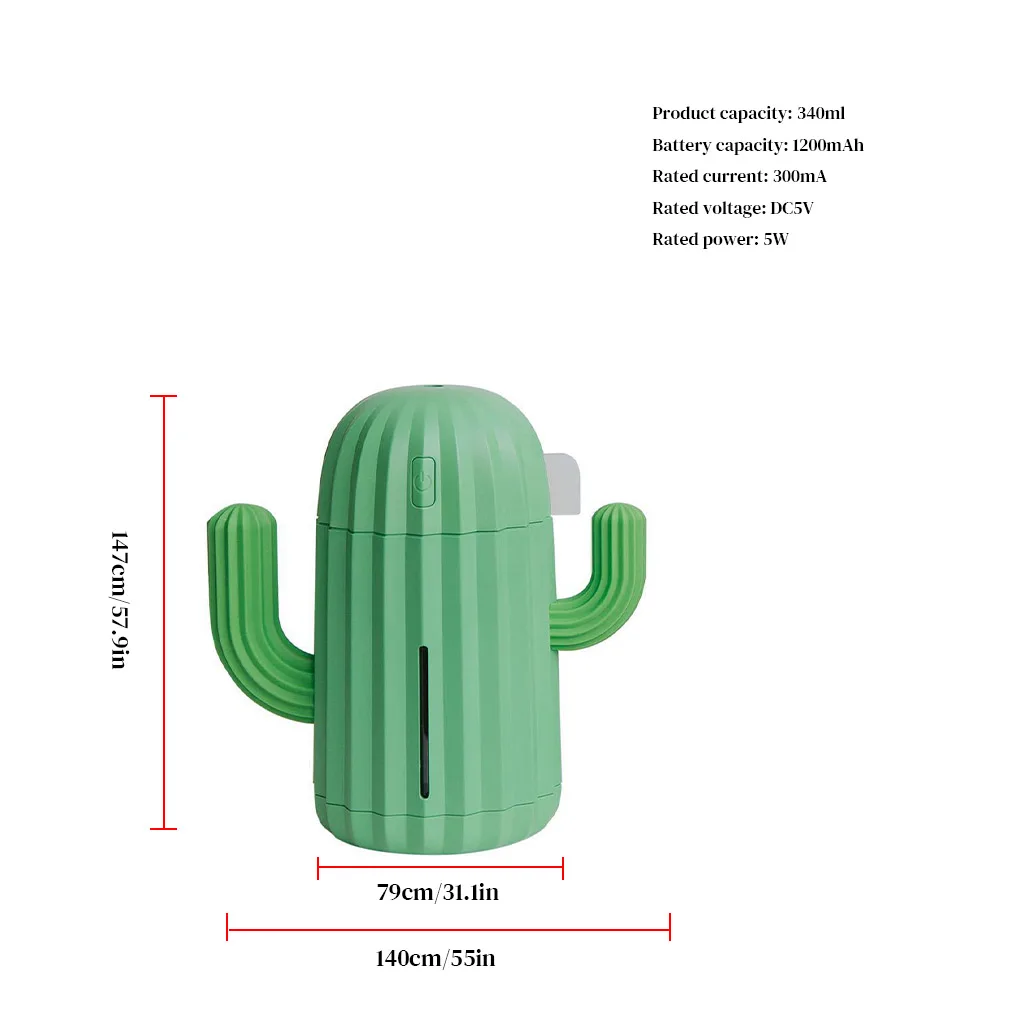 

Air Humidifier Home Office Mini Air Diffuser Cactus Design USB Powered 340ml LED Humidifier, Green