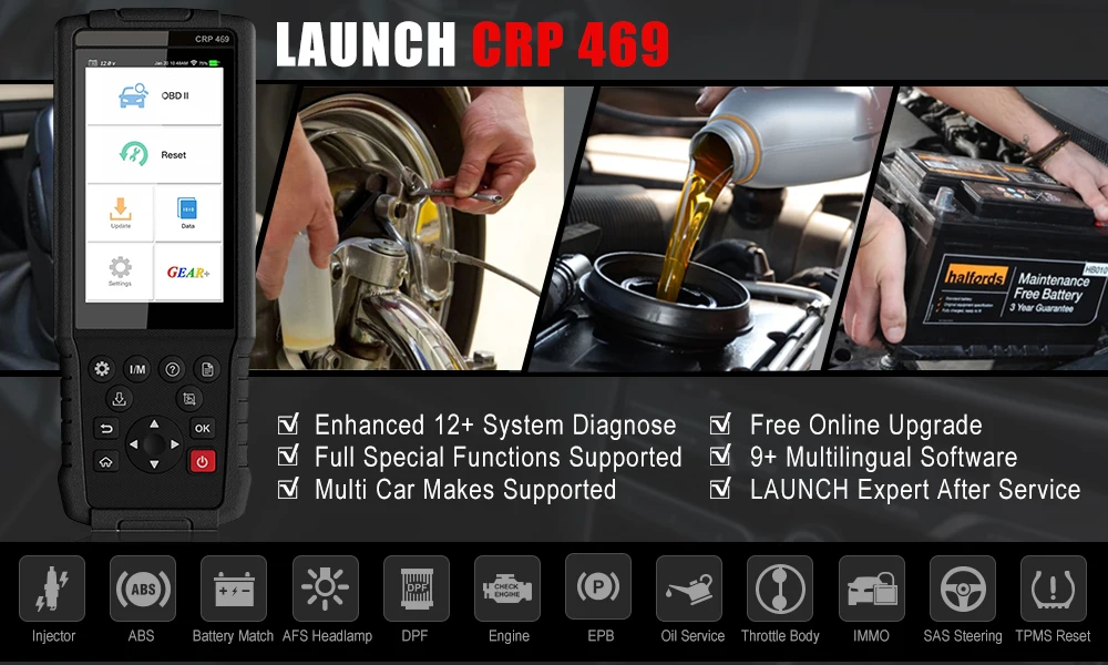 Launch X431 CRP469 Авто OBD2 сканер ABS SAS DPF EPB TPMS многоязычный OBD II автомобильный OBD 2 Код сброс автомобиля диагностический инструмент
