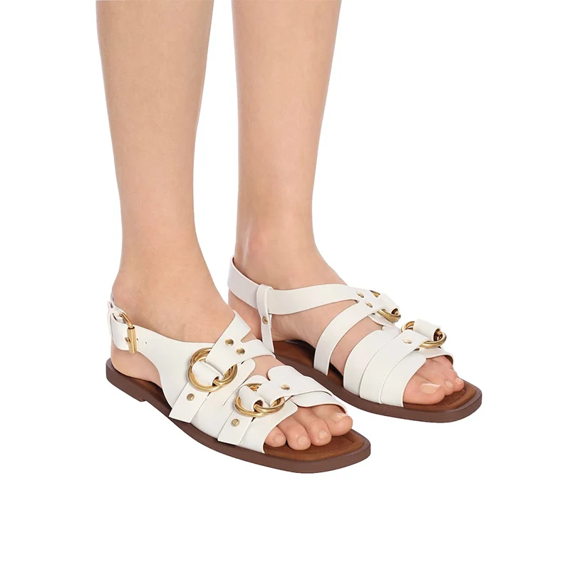 

Drestrive Full Genuine Leather Women's Sandals Flats Square Toe Buckle Cow Leather Snake Print 2020 Summer Fashion Casual Shoes