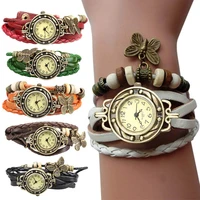 women retro bracelet wrist watch weave wrap faux leather butterfly beads pendant chain eig88