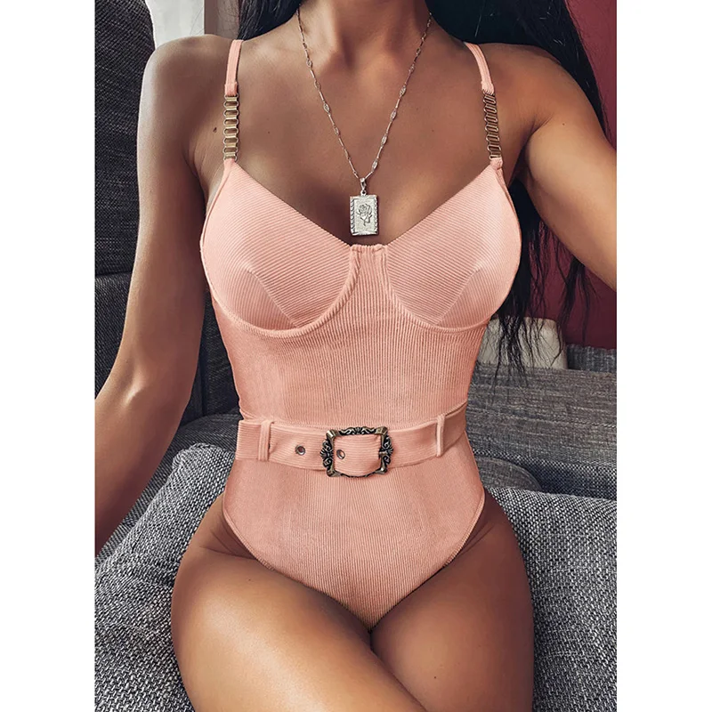 Ribbed Underwired Female Swimwear One Piece Swimsuit Women Monokini With Waist Band Push up Bather Bathing Suit Swim Bodysuit