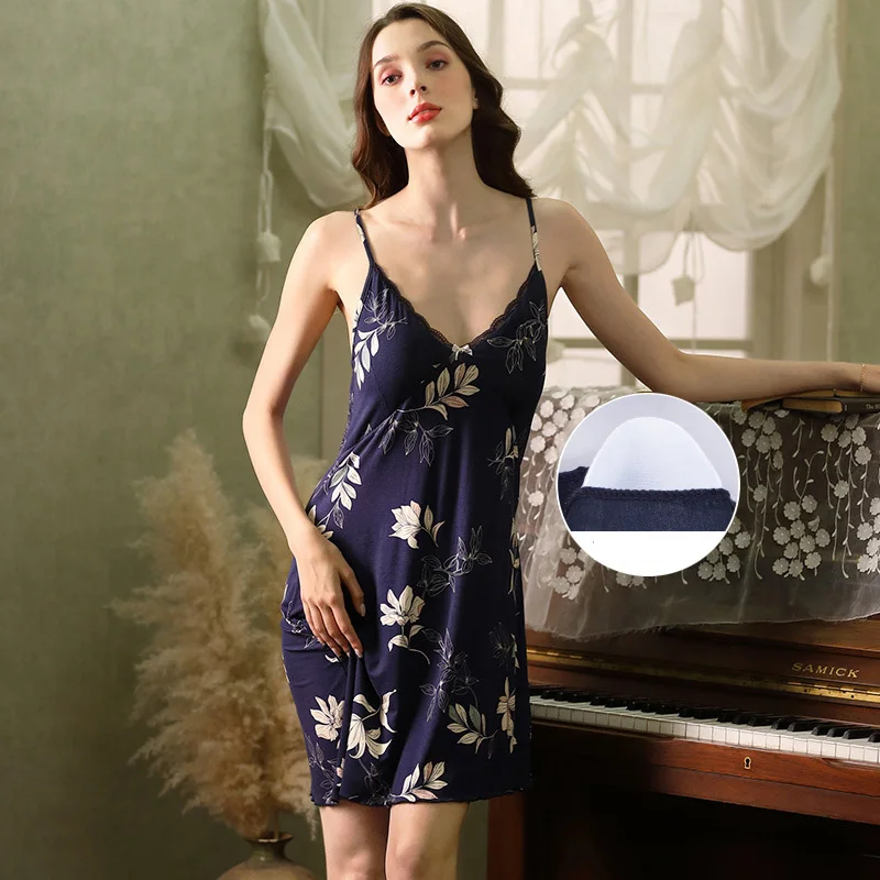 SR028 Plus Size Summer Modal Solid Lingerie Womens Sleepwear Sexy Nightdress Casual Nightgown Comfortable Lace Nightwear