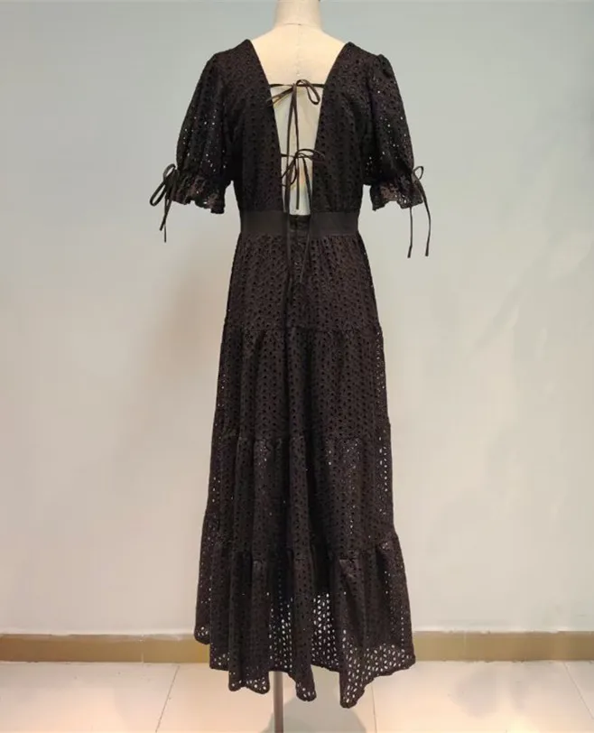 

Women Dress Black White Top Quality Hollow Out V-Neck Sexy Dresses Long Elegant Summer Dress