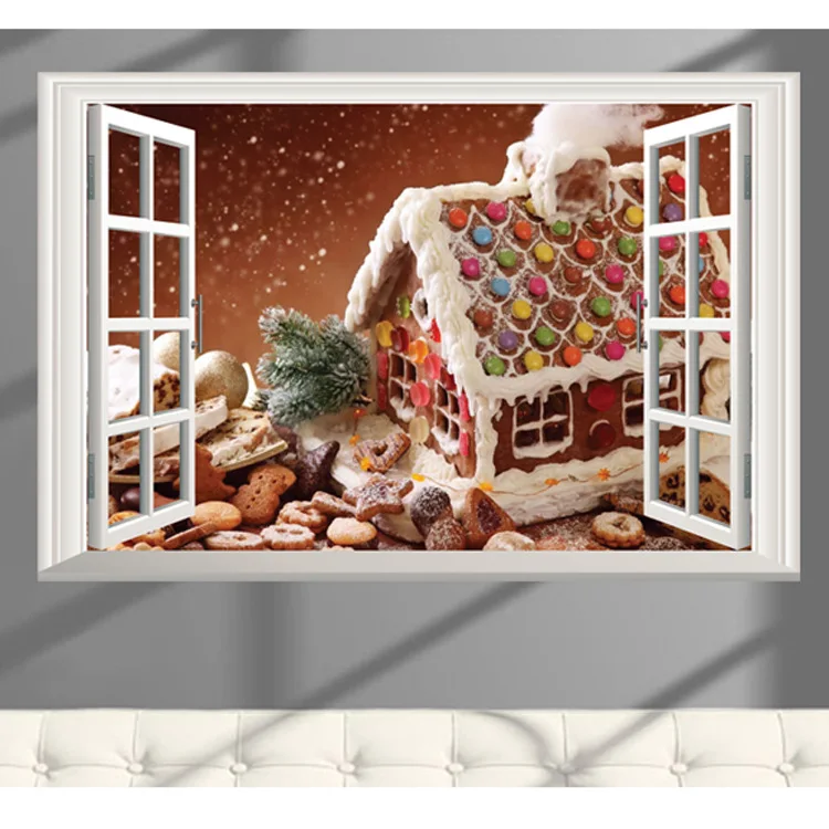 Поддельные окна пейзаж обои рождественские украшения белый снег наклейки на