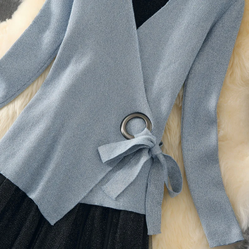 ALPHALMODA модный костюм платье осеннее платье тонкий свитер с длинными рукавами+ Сетчатое платье Элегантный комплект из 2 предметов