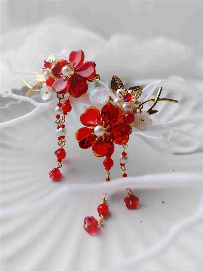 1 пара заколки для волос с кисточкой в стиле ретро красными цветами девочек