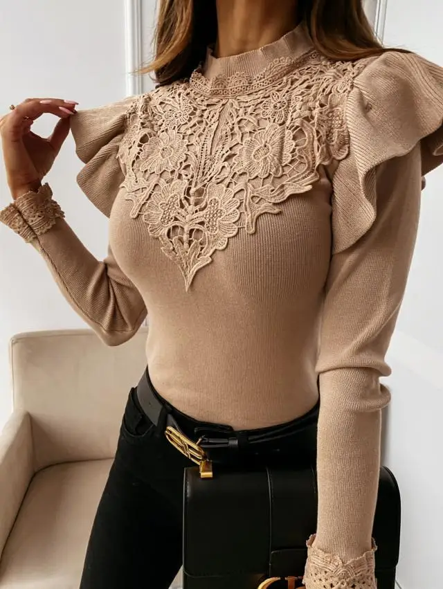 

Casual Round Neck Short Sexy Slim Lace Long SleeveTops Solid Color Bottoming Shirt Women Sweaters Autumn Winter New Fashion