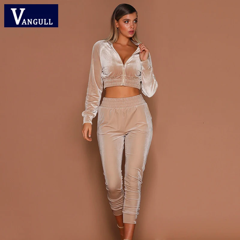 

Vangull Velvet Two Piece Set Women Autumn New Slim Short Tops Long Sleeve Elastic Waist Suits Casual Fashion Ladies Tracksuits
