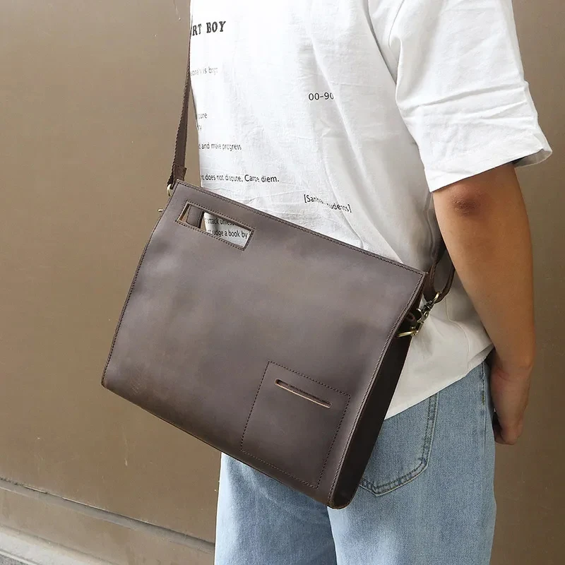 new real crazy horse leather briefcase men vintage handbag male messenger bags portfolio laptop shoulder bag men office work bag free global shipping