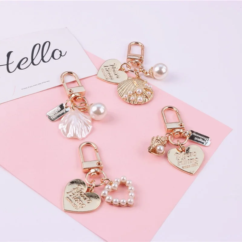 

Cute Heart Keychain For Girls Korean Fashion Shell Pearl Key Chain Bag Charms Gold Key Ring Trinket Airpods Pendants Accessories