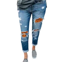 women skinny jeans basketball pattern printed water washed hole women denim pants vintage causal full length ripped new trousers