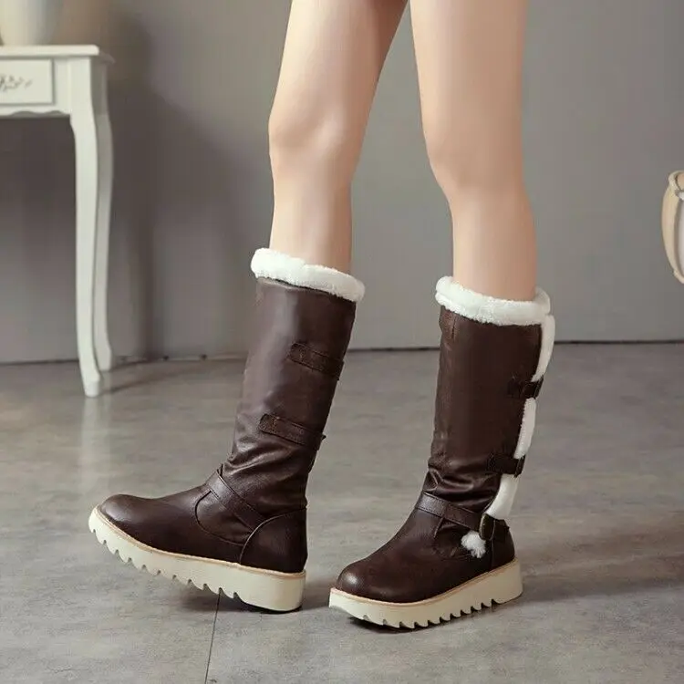 

Fleece Lined Ladies Winter Warm Snow Boots Mid Calf Boots Fur Trim Buckle Casual