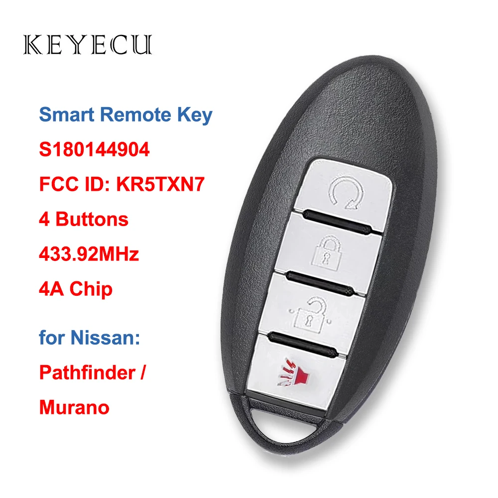 

Keyecu S180144904 Smart Remote Key Fob 4 Buttons 433.92MHz 4A for Nissan Murano Pathfinder 2019 2020 FCC ID: KR5TXN7