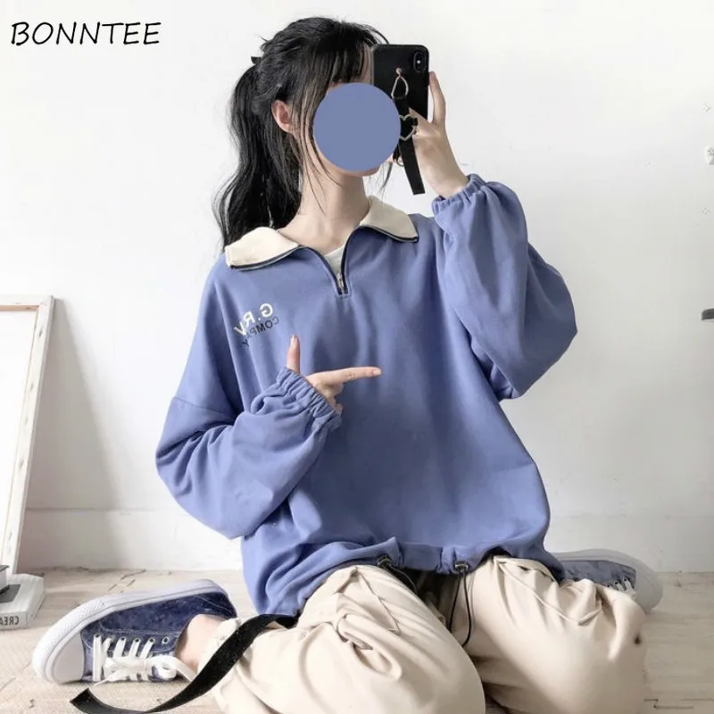 

Hoodies Women Letter-print Student Ulzzang Autumn Newest Stand-Collar Large Size 2XL Chic Boyfriend Simple All-match Lace Up Ins