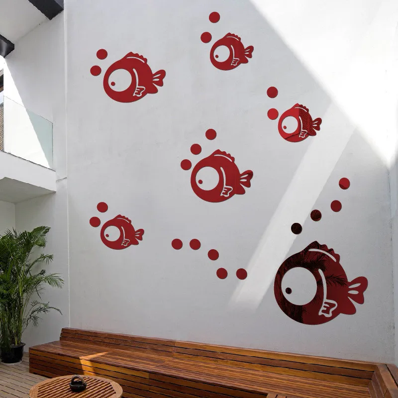 Акриловые зеркальные наклейки с объемными маленькими рыбками самоклеящиеся