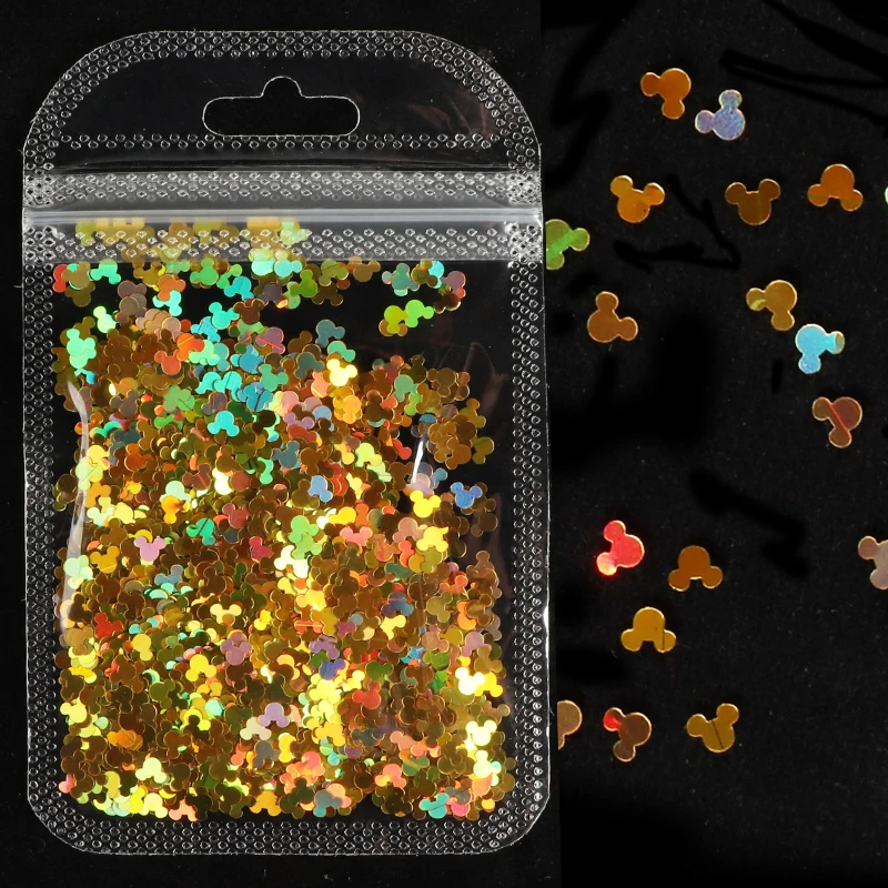 1 bolsa de arte hologr&aacute;fico para u&ntilde;as, lentejuelas brillantes, L&aacute;ser de dibujos animados, copos en forma de cabeza de rat&oacute;n, suministros de u&ntilde;as artesanales para accesorios profesionales-3