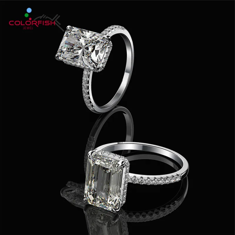 

COLORFISH 3.5 ct Emerald Cut Hidden Halo Engagement Ring Rhodium Plated 925 Sterling Silver Simulated Diamond Anniversary Rings