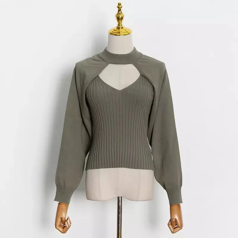 Повседневный шикарный женский комплект из двух предметов Вязаный топ на тонких