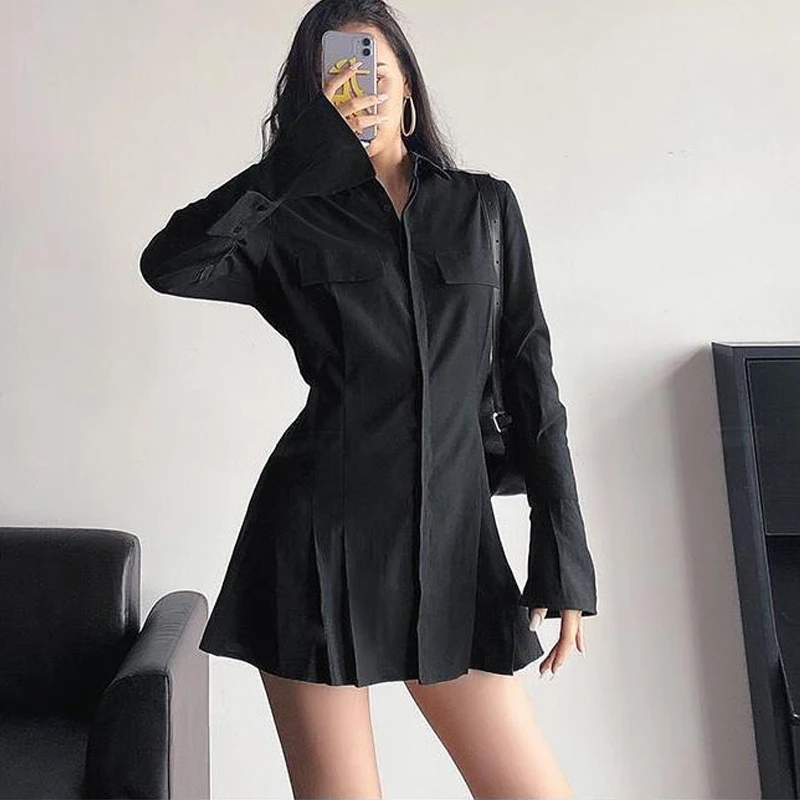 

2021 Summer Shirt Dress for Women Sexy Clothing Single Breasted Solid Color Mini Dress Plus Size Female Dersses Robe Femme 13854