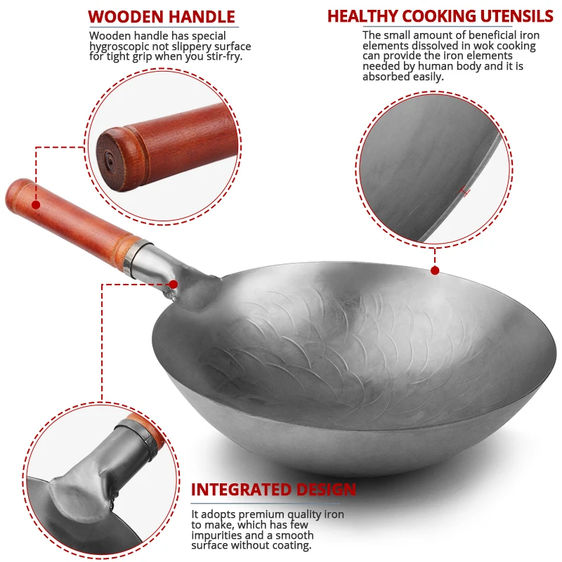 

Red Wooden handle wok,Non-stick Handmade Cooking pots Iron wok Frying pan,kitchen Cookware